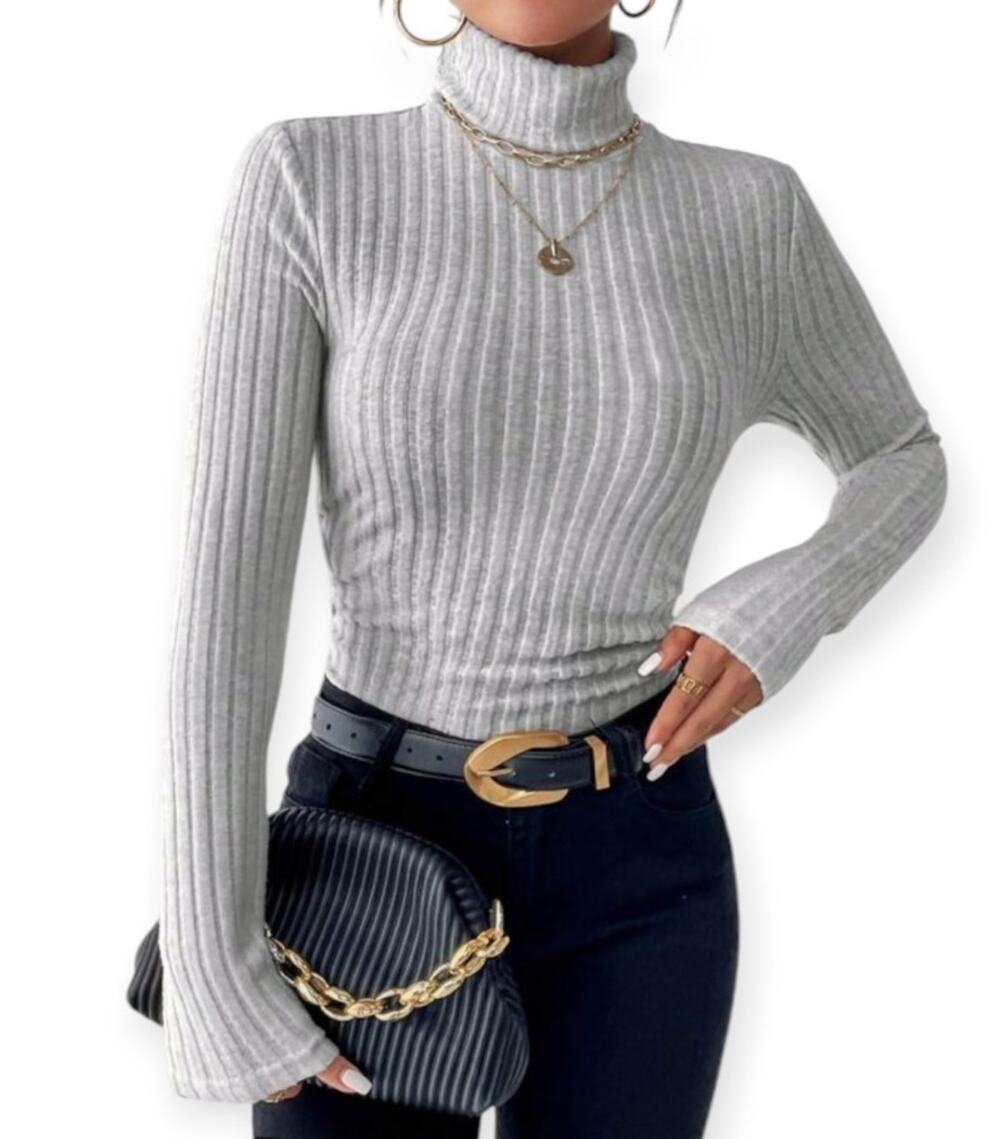 Shein Women's Small Gray Long Sleeve Frenchy Turtleneck Ribbed Knit Tee
